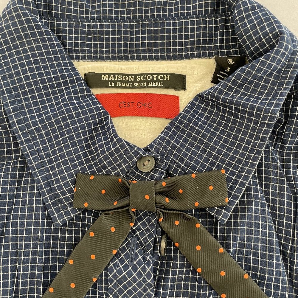 Maison Scotch Navy Blue Mini Check Shirt Buttondown Top with Removable Bow Pin